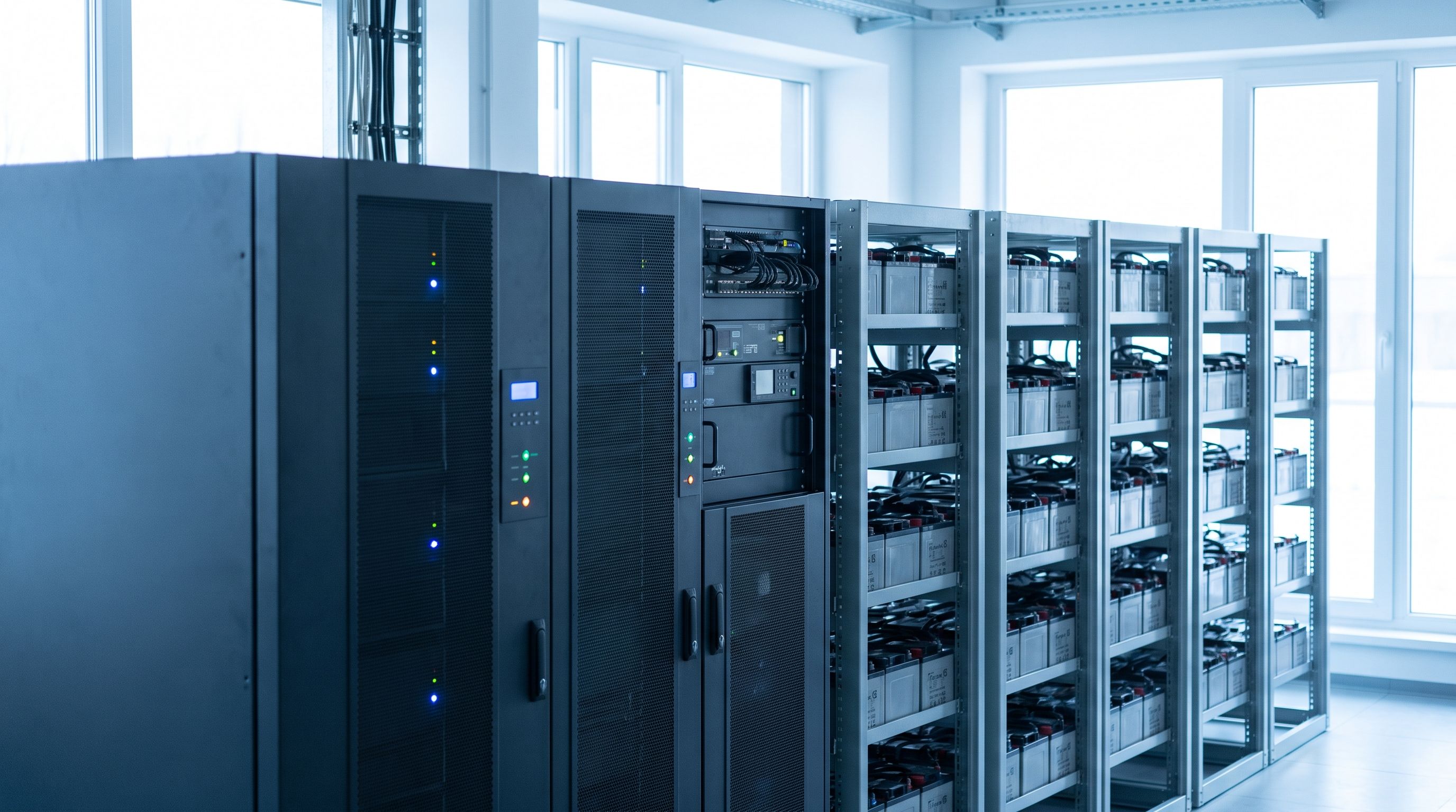 USV-Schrank und Batterieanlagen in einem hellen Technikraum