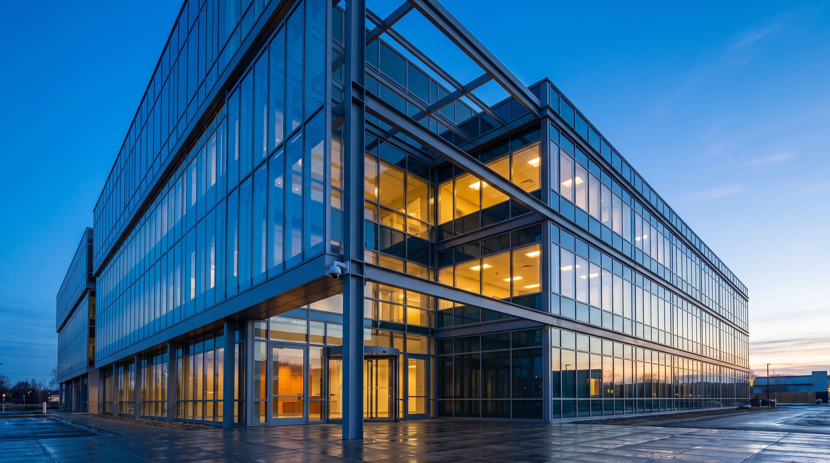 Modernes Bürogebäude mit Glasfassade in der blauen Stunde, an der Fassade eine Dome-Kamera