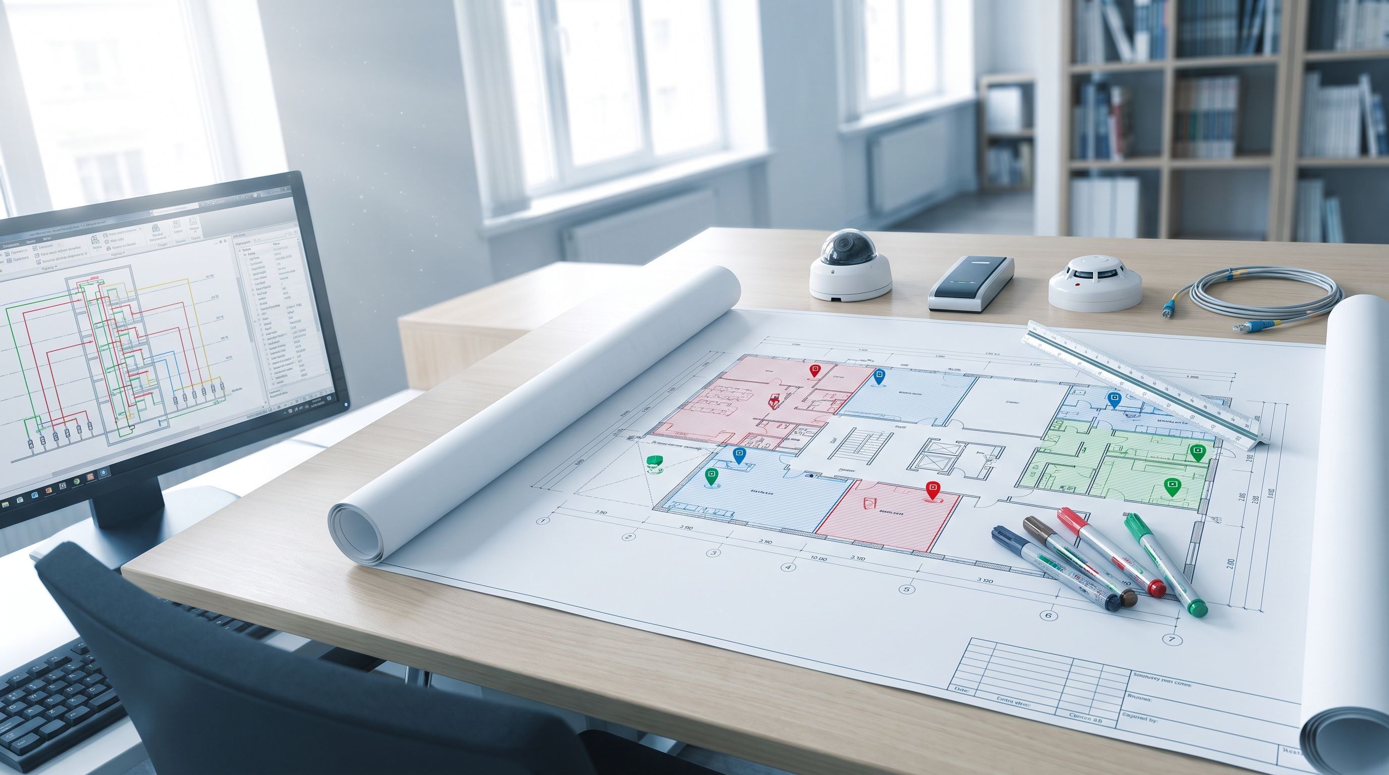 Arbeitsplatz eines Fachplaners: aufgerollter Gebäudeplan mit eingezeichneten Sicherheitszonen und Gerätepositionen, daneben Dome-Kamera, Zutrittsleser, Rauchmelder und Lichtwellenleiter