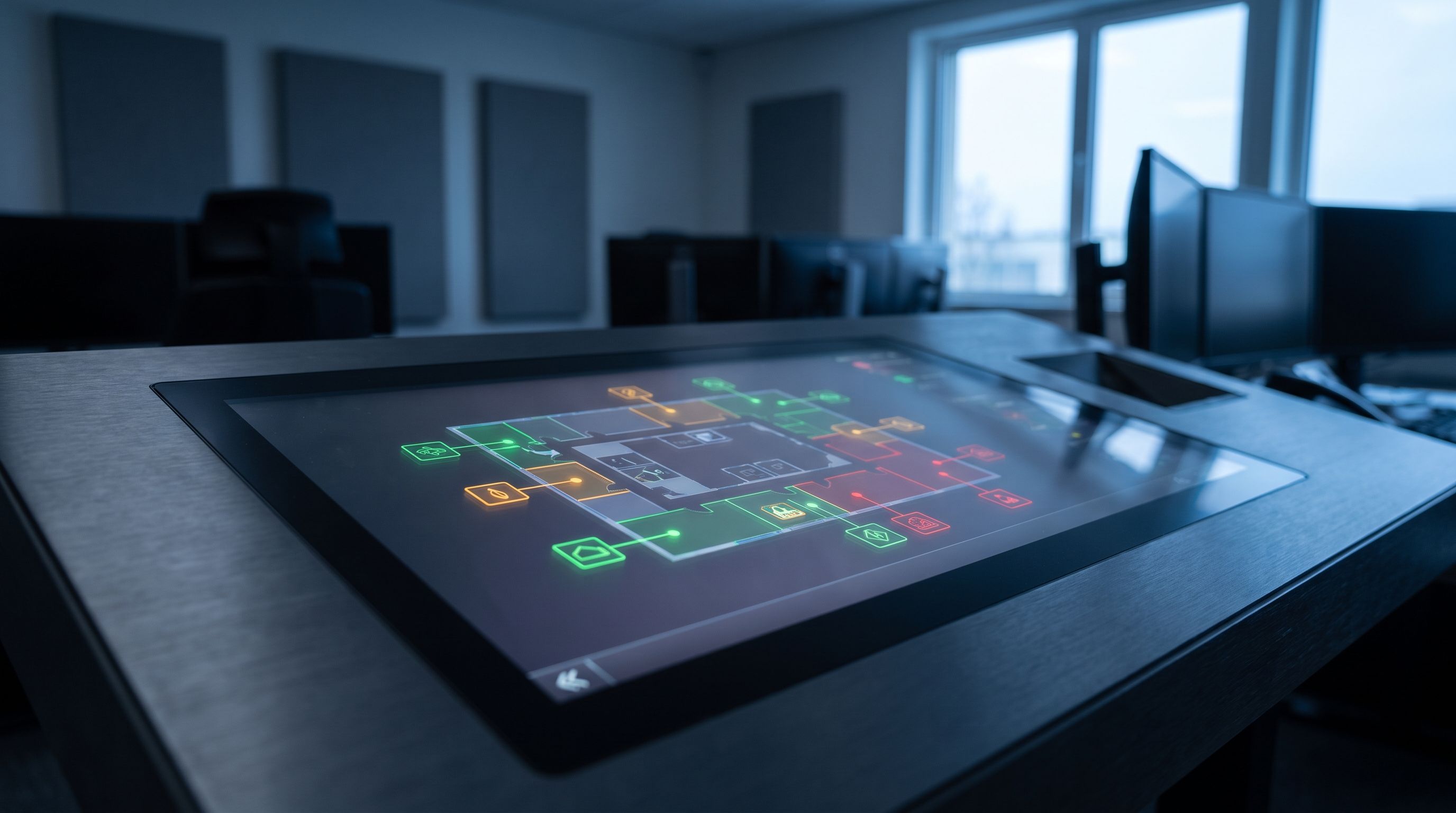 Touchscreen mit Gebäude-Lageplan und Statusanzeigen in einer Leitstelle