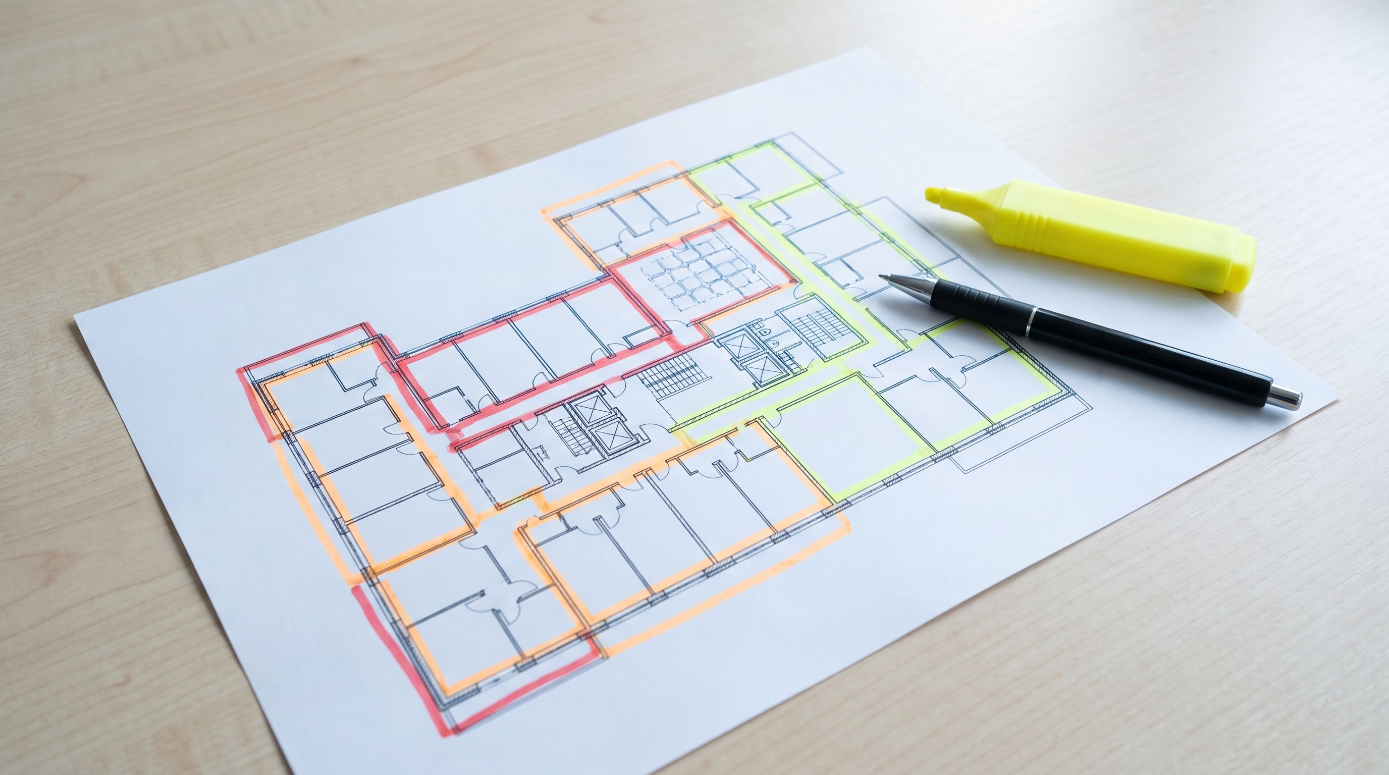 Gebäudeplan mit farblich markierten Schutzzonen und Marker
