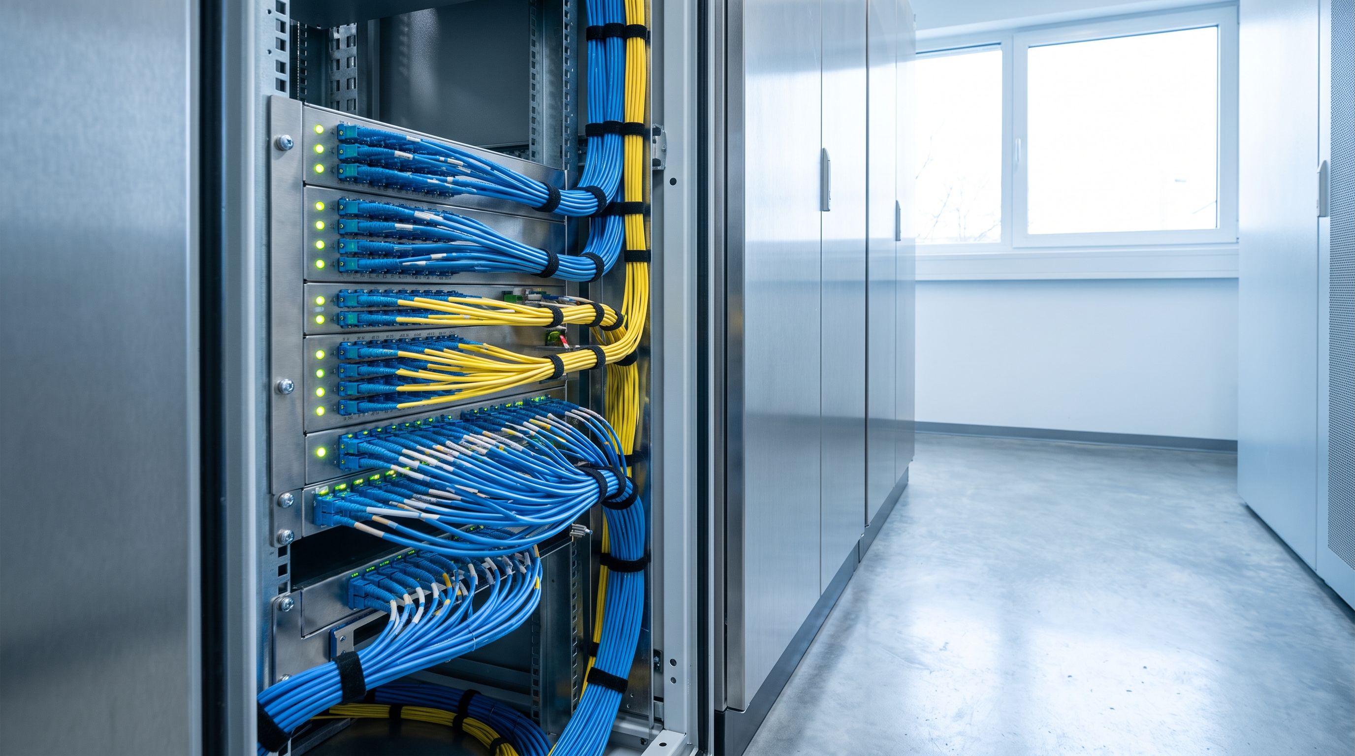 Glasfaser-Patchfeld mit ordentlich verlegten Kabeln im Serverraum