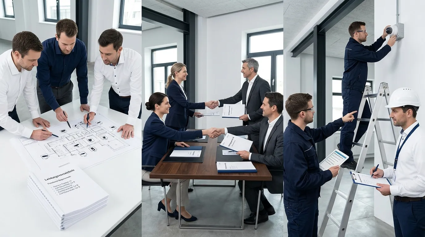 Sachliche Illustration eines Planungsprozesses in der Sicherheitstechnik: vom neutralen Leistungsverzeichnis über die Vergabe mehrerer Errichter bis zur überwachten Abnahme, ohne Herstellerlogo