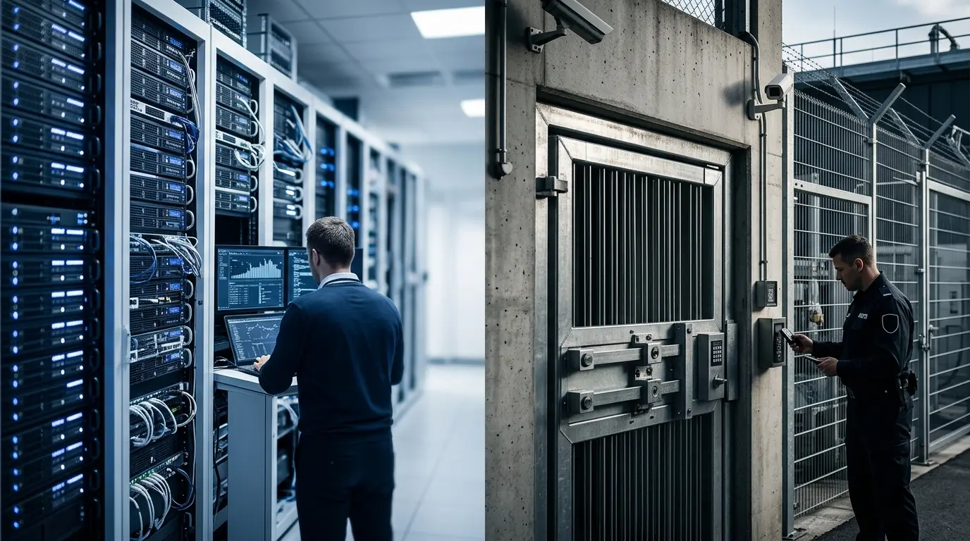 Gegenüberstellung von IT-Sicherheit und physischem Schutz: links ein Administrator im Serverraum, rechts eine gesicherte Stahltür mit Zutrittsleser, Videokameras und Zaun, an der ein Sicherheitsmitarbeiter steht