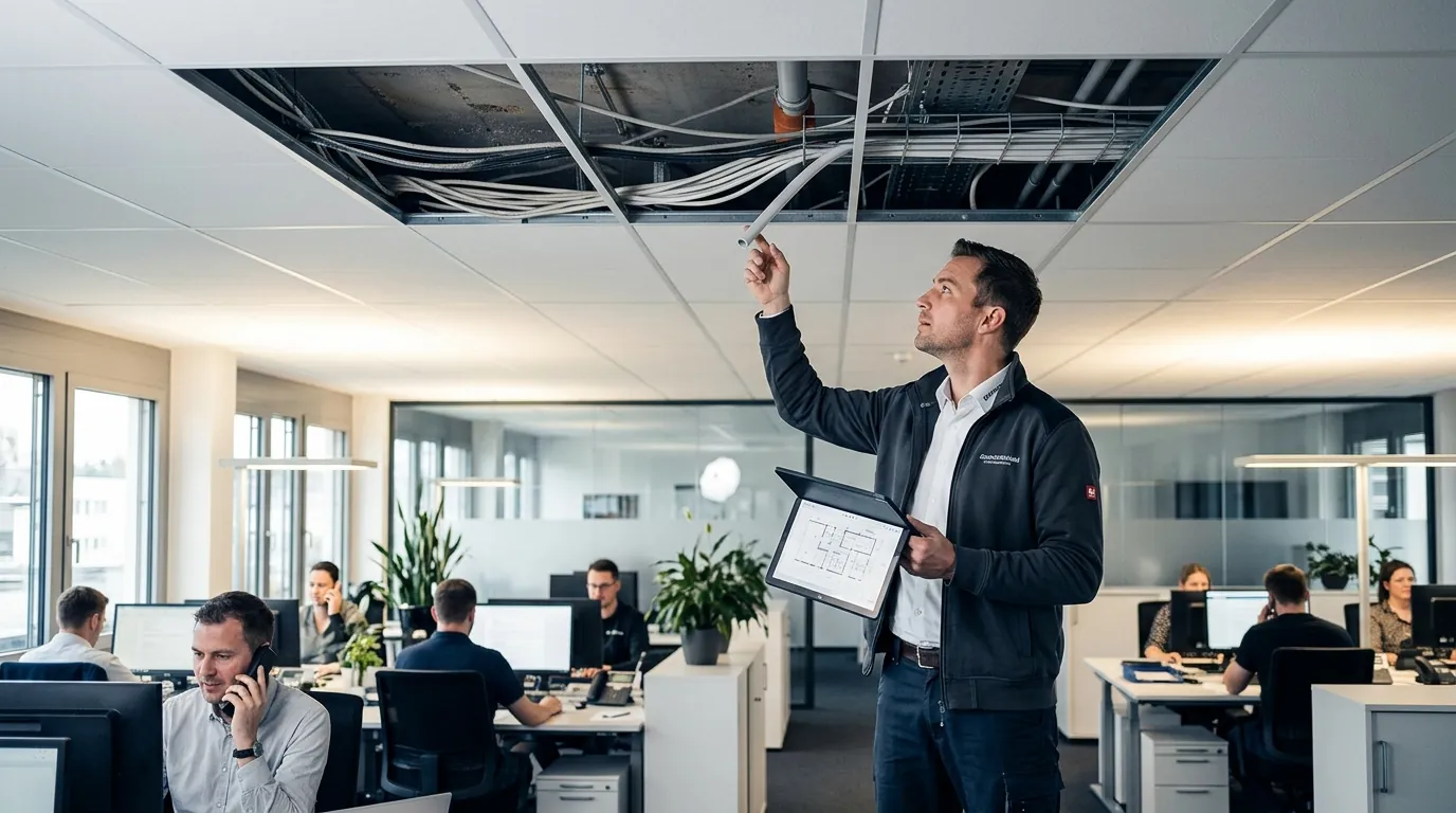 Technician with a tablet inspecting an existing building: opened suspended ceiling with visible cable routes and fire stopping, occupied office space in ongoing operation in the background